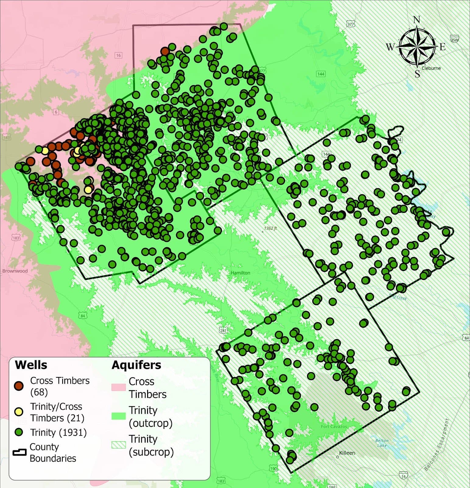 Map of aquifer wells in the Middle Trinity Groundwater Conservation District.