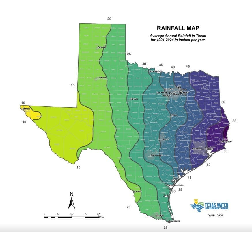 Rainfall map produced by the Texas Water Development Board, 2025
