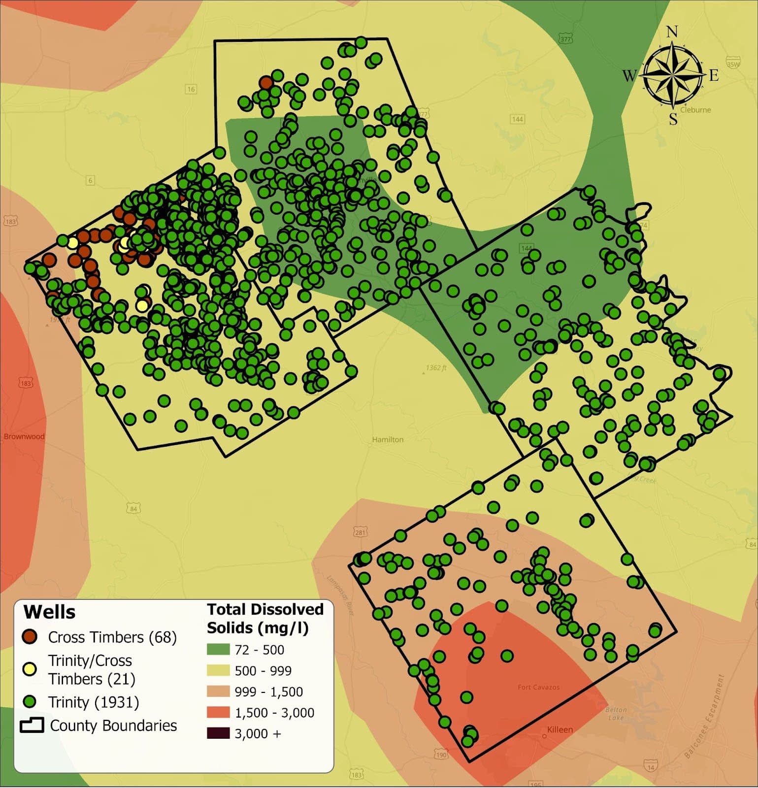 Map of wells in the Middle Trinity Groundwater Conservation District and TDS levels in the Trinity Aquifer.